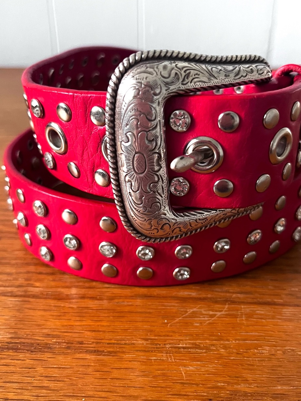 Red Leather Studded Western  Belt  Ornate Silver Buckle Size M Statement Belt